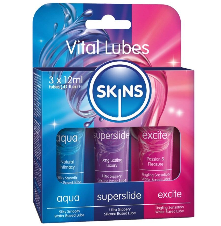 SKINS - KIT DE LUBRIFICANTES VITAL AQUA, SUPERSLIDE E EXCITE 3 x 12 ML SKINS - KIT DE LUBRIFICANTES VITAL AQUA, SUPERSLIDE E EXCITE 3 x 12 ML